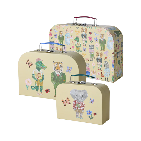 Three children's suitcases with animal-themed designs on a white background