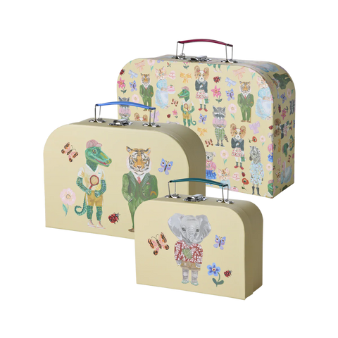 Three children's suitcases with animal-themed designs on a white background