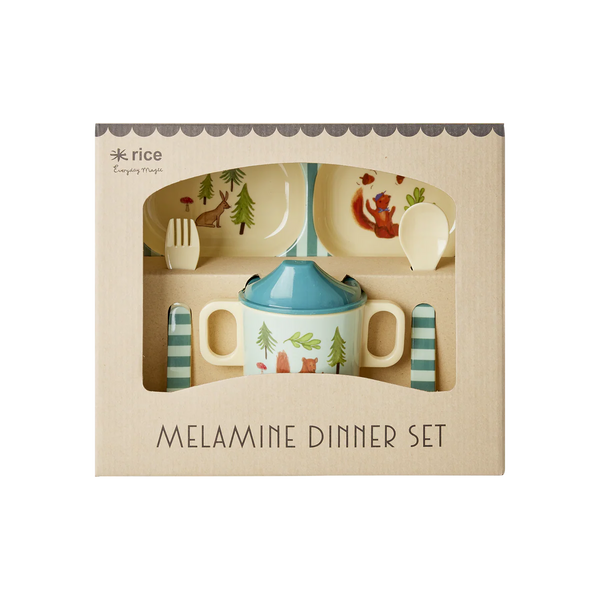 Melamine dinner set in packaging with 'rice' branding on a white background