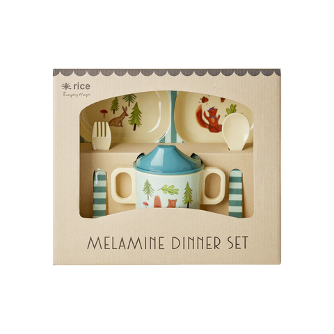 Melamine dinner set in packaging with 'rice' branding on a white background