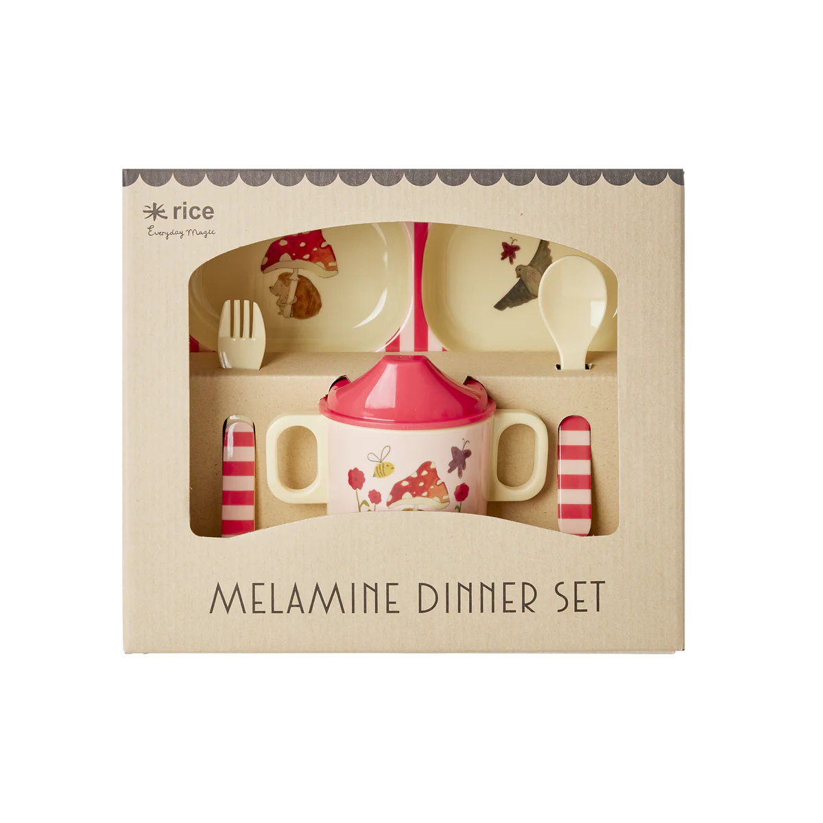 Melamine dinner set in packaging with 'rice' branding on a white background