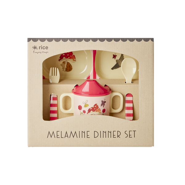 Melamine dinner set in packaging with 'rice' branding on a white background