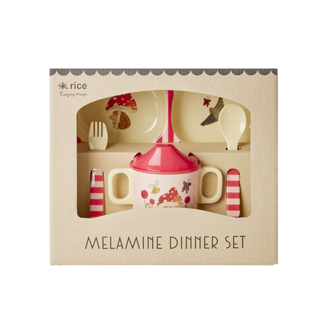 Melamine dinner set in packaging with 'rice' branding on a white background