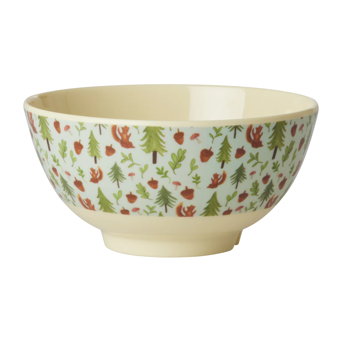 Bowl with nature-themed pattern on a white background