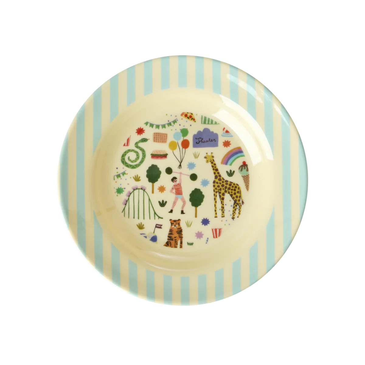 Children's plate with animal illustrations and colourful stripes on a white background
