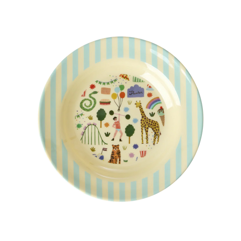Children's plate with animal illustrations and colourful stripes on a white background
