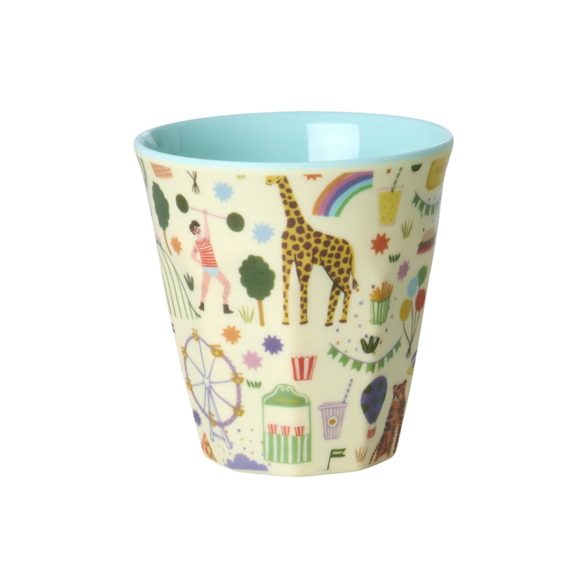 Children's cup with colourful animal and object pattern on a white background