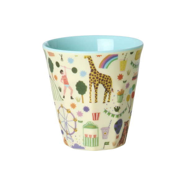 Children's cup with colourful animal and object pattern on a white background