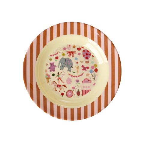 Striped rim melamine bowl with a central fun fair print on a white background