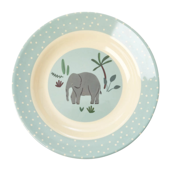 Children's plate with an elephant design on a light blue background