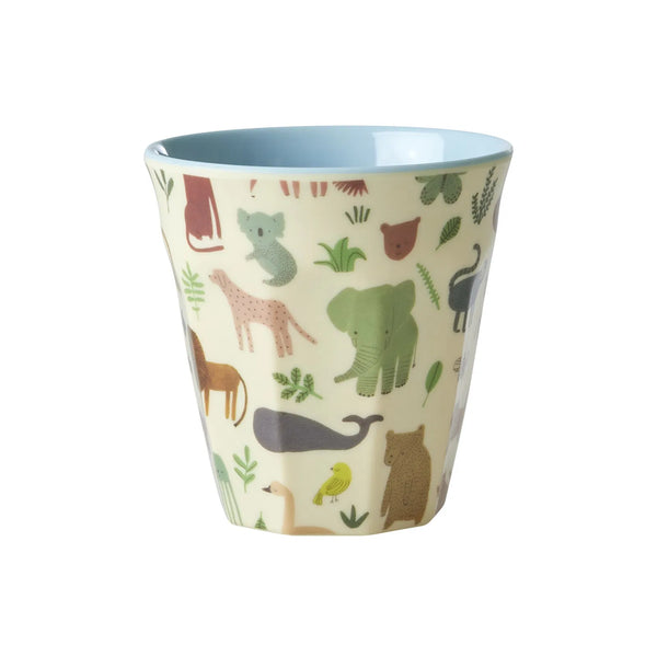 Children's cup with animal illustrations on a white background