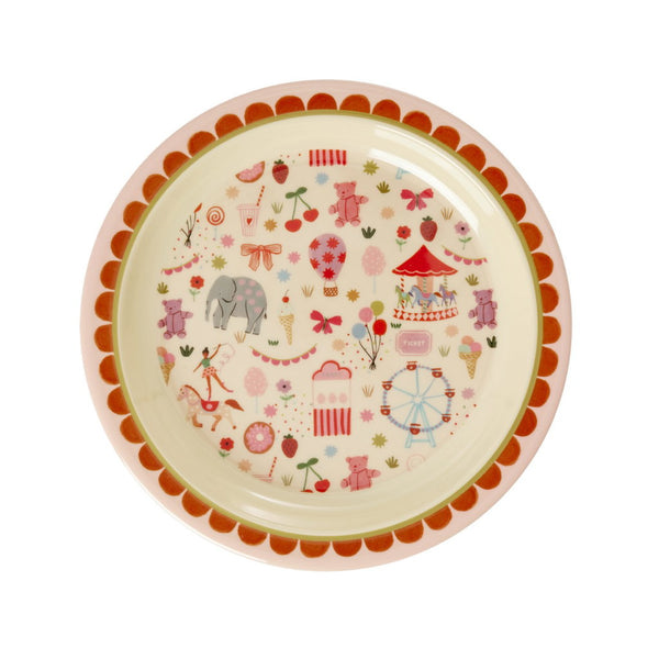 Decorative plate with colourful circus-themed illustrations on a white background
