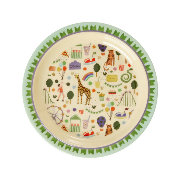 Decorative plate with colourful animal and nature-themed illustrations on a white background