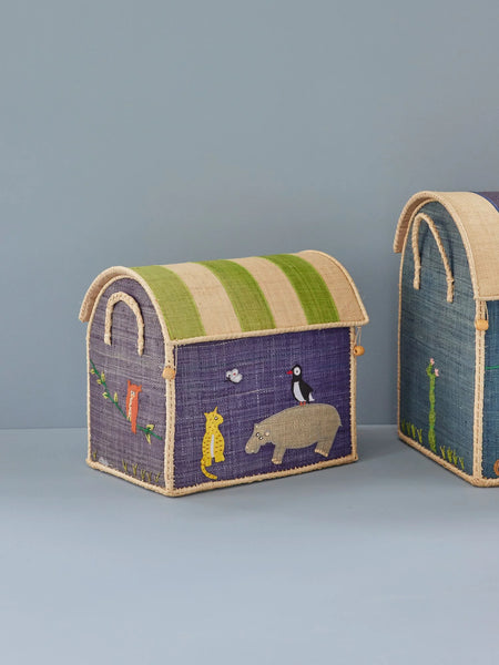 Two decorative boxes with cartoon illustrations on a grey background
