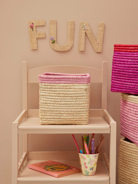 Natural/Pink Small Square Raffia Storage Basket - Rice DK