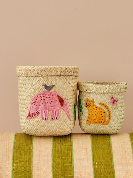 Animal Embroidery Round Raffia Storage Baskets - Rice DK