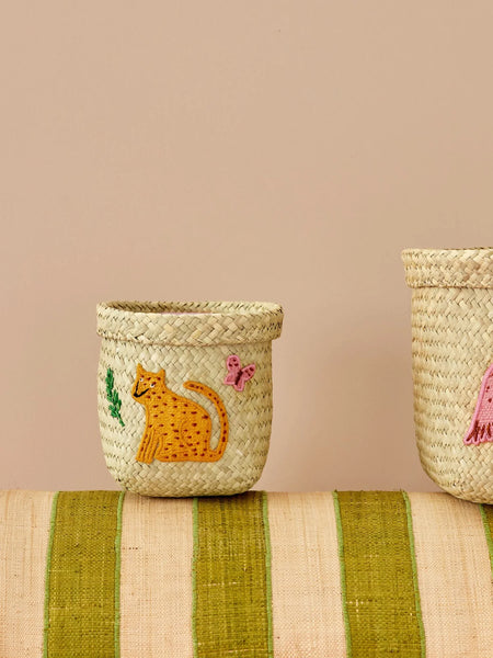 Extra Small Leopard Embroidery Round Raffia Storage Basket - Rice DK