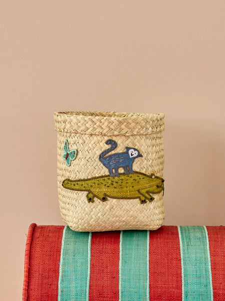 Small Crocodile Embroidery Round Raffia Storage Basket - Rice DK