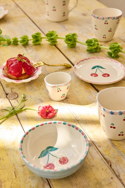 Extra Small Off-White Ceramic Oval Espresso Cup with Hand-Painted Cherries - Rice DK