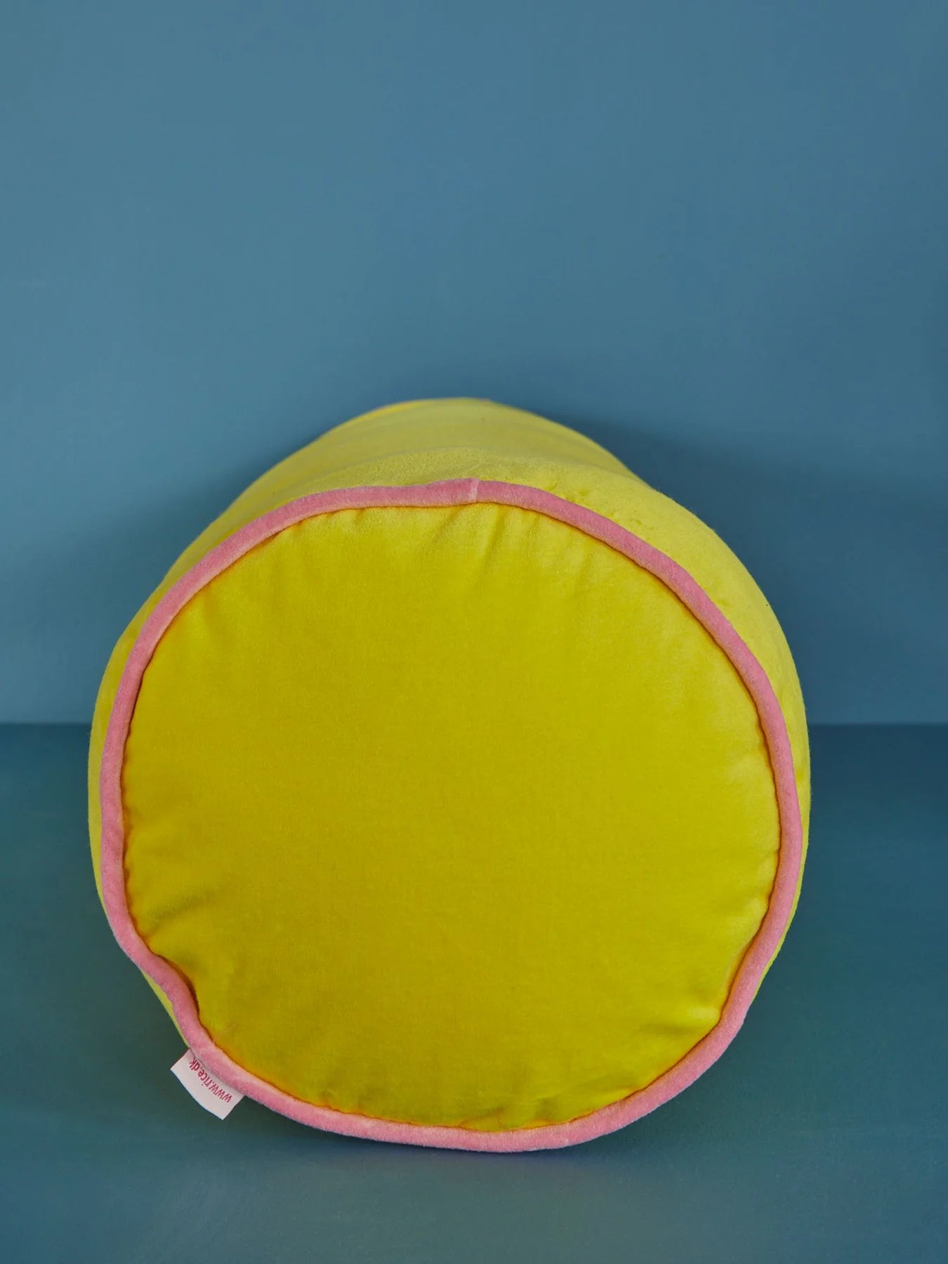 Large Velvet Bolster Pillow in Yellow with Pink Piping Rice DK Honey on the Hill