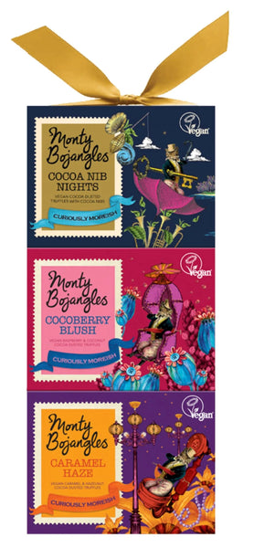 Monty Bojangles chocolate bars with colourful packaging and a yellow ribbon on a white background