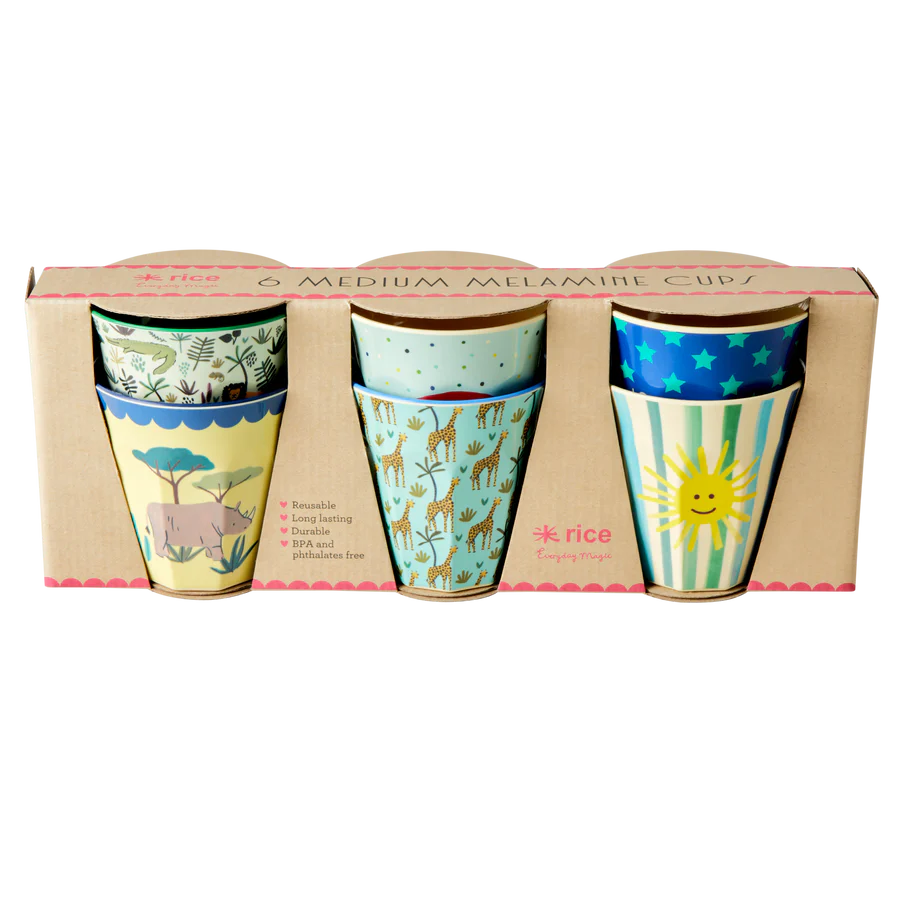 Multicolour Funky Print Small Melamine Cups - 6 Pack - Rice DK