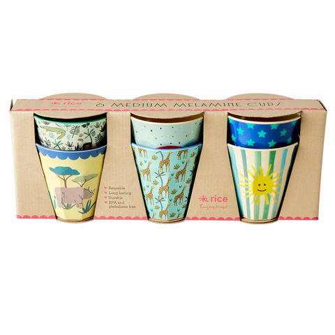 Multicolour Funky Print Small Melamine Cups - 6 Pack - Rice DK