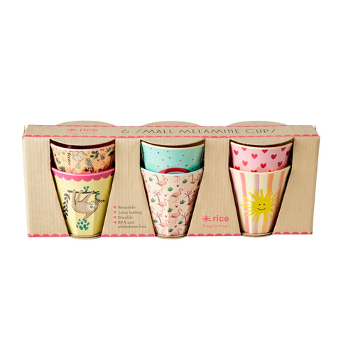 Set of six colourful melamine cups in a cardboard box with 'rice' branding.