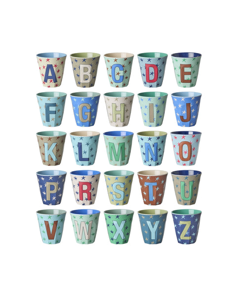 Set of 25 colourful cups in blue and green with letters A to Z on a white background