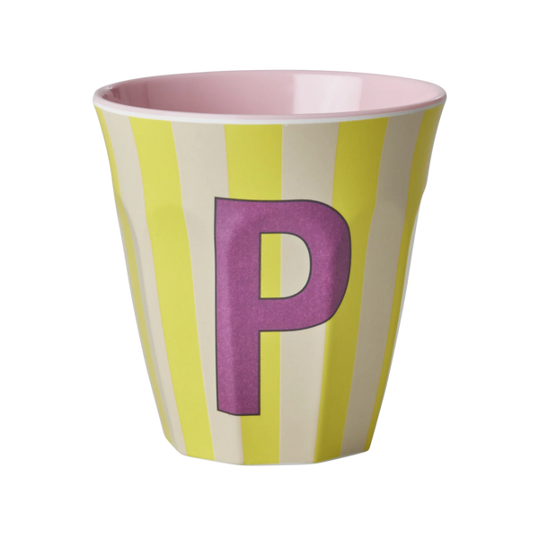 Striped cup with a purple letter 'P' on a white background