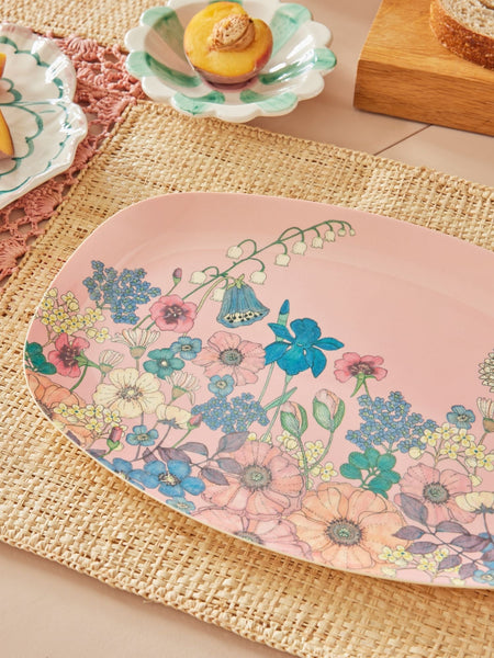 Soft Pink Flower Collage Melamine Rectangular Plate, Large - Rice DK