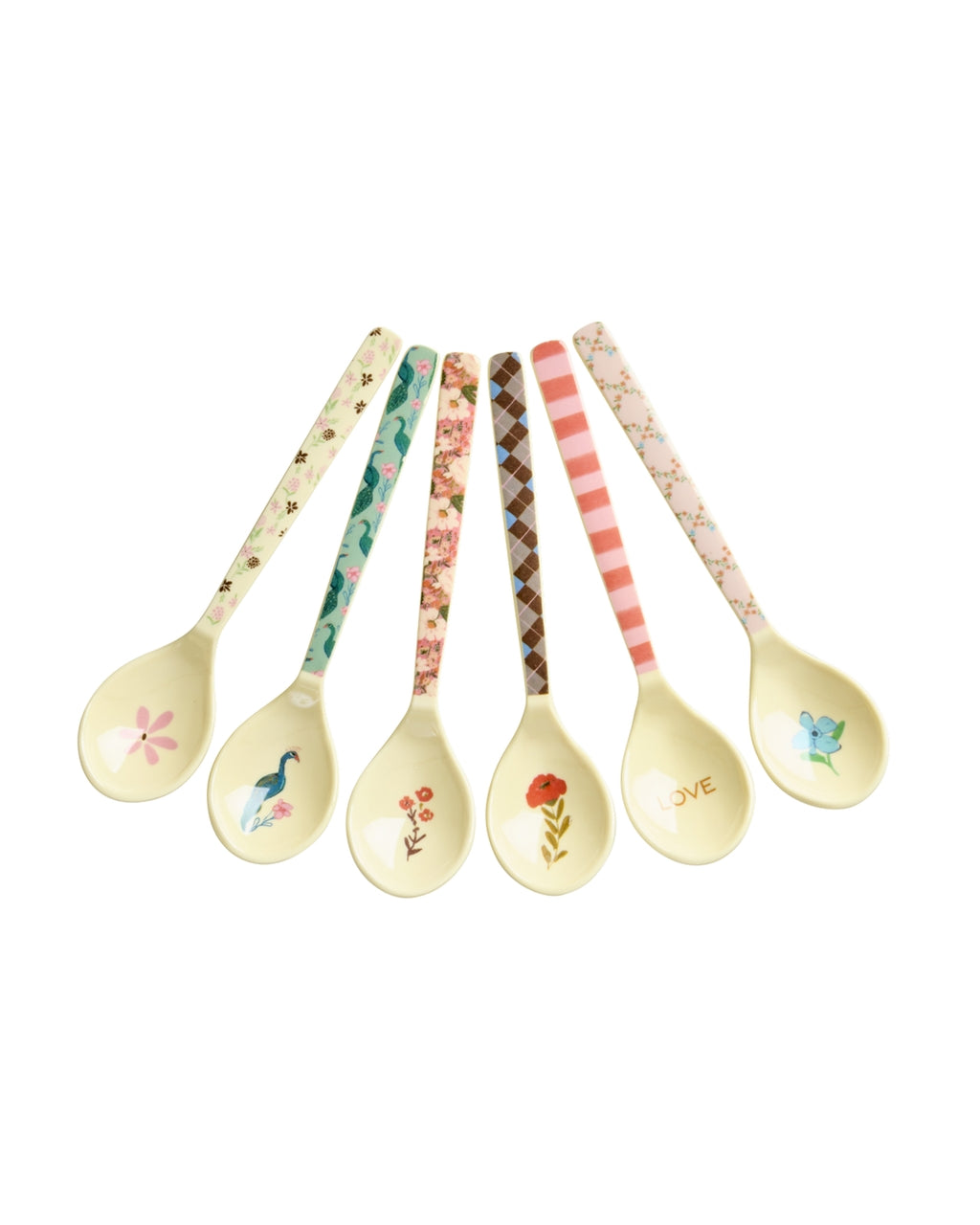 Set of decorative spoons with floral and nature-themed designs on a white background