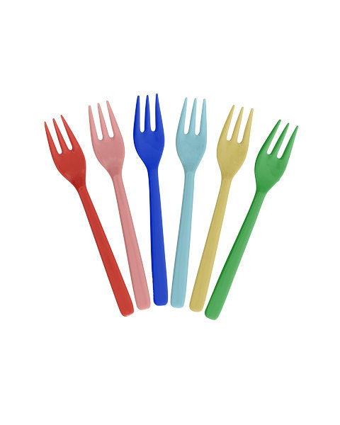 Set of six colourful plastic forks on a white background