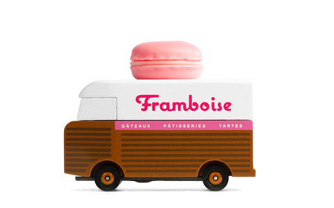 Toy van with a pink macaron on top, branded 'Framboise'.