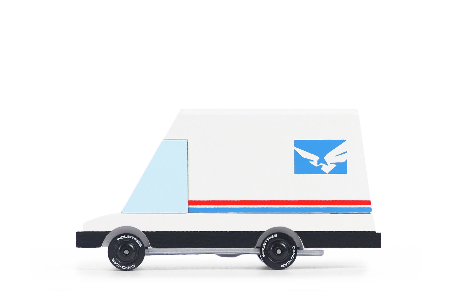 Model of a delivery van with a logo on a white background