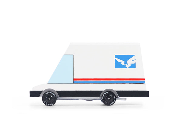 Model of a delivery van with a logo on a white background