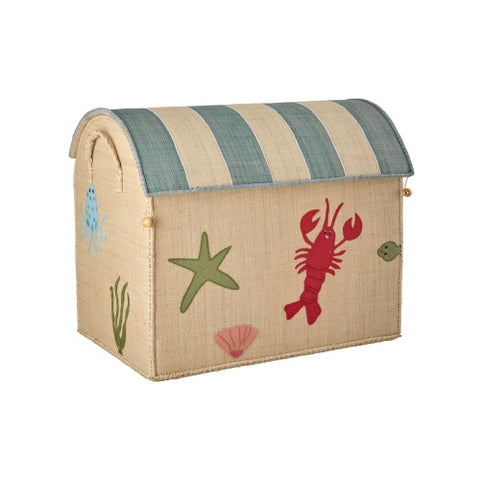 Beige toy box with striped lid, starfish, shell, and lobster design on a white background