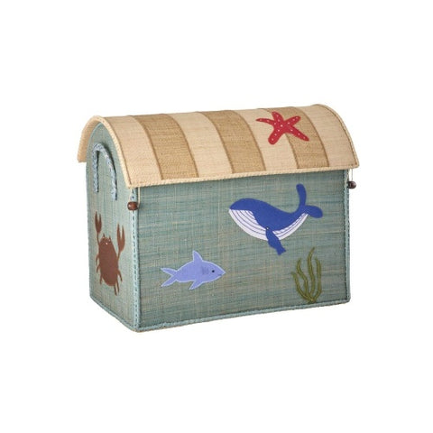 Toy chest with sea-themed decorations on a white background