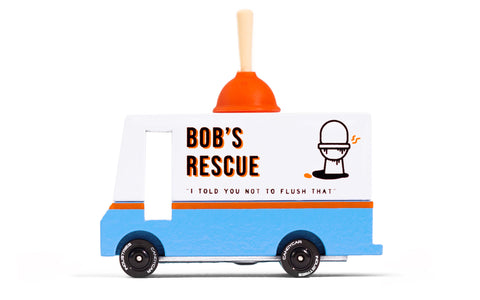 Toy truck with 'Bob's Rescue' branding on a white background