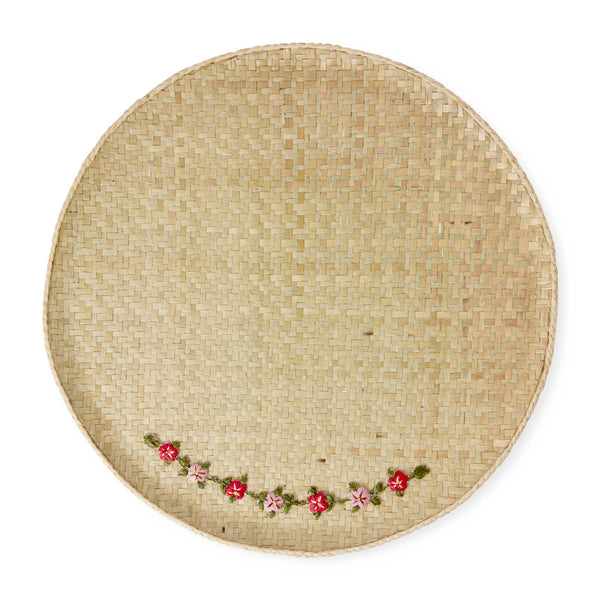 Large Flower Vine Raffia Round Tray - Rice DK