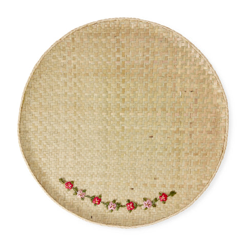 Large Flower Vine Raffia Round Tray - Rice DK