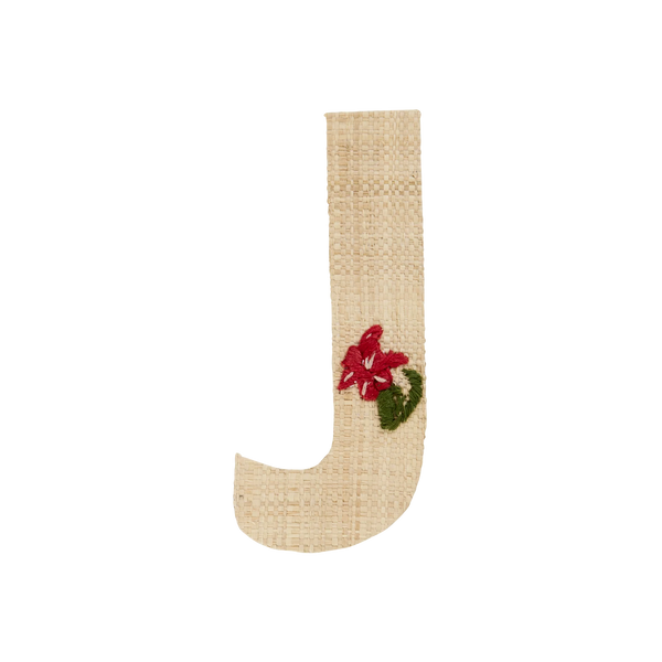 J Raffia Alphabet Sticker with Red Flower Embroidery - Rice DK