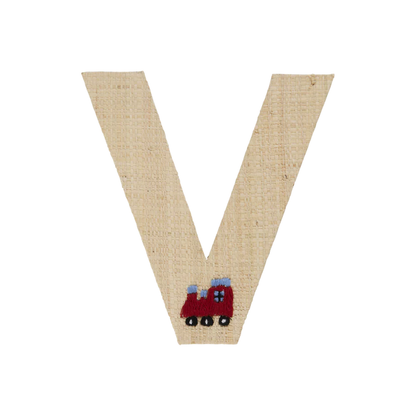 V Raffia Alphabet Sticker with Train Embroidery - Rice DK