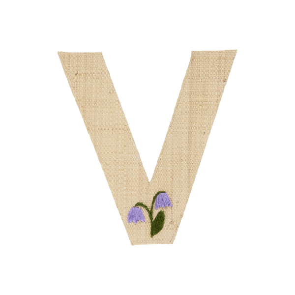 V Raffia Alphabet Sticker with Flower Embroidery - Rice DK