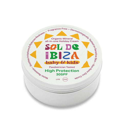 Sol de Ibiza baby & kids sunscreen cream jar on a white background
