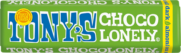 A Tony's Chocolonely single dark chocolate almond sea salt bar against a white background