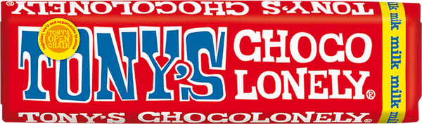 A Tony's Chocolonely single milk chocolate bar against a white background