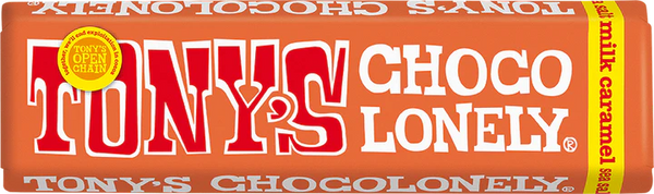 A Tony's Chocolonely single milk chocolate caramel sea salt bar against a white background
