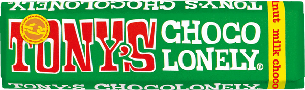 A Tony's Chocolonely single milk chocolate hazelnut bar against a white background