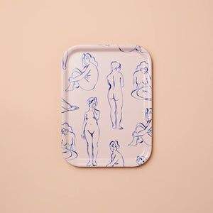 Rectangular tray featuring blue line art women against a blush background